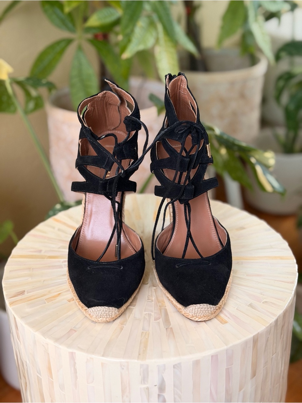 Aquazzura Black Suede Lace-Up Wedge Espadrille 37.5 / 7.5